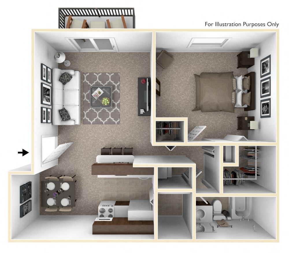 Floor plan for 1 bed, 1 bath, 626 sqft
